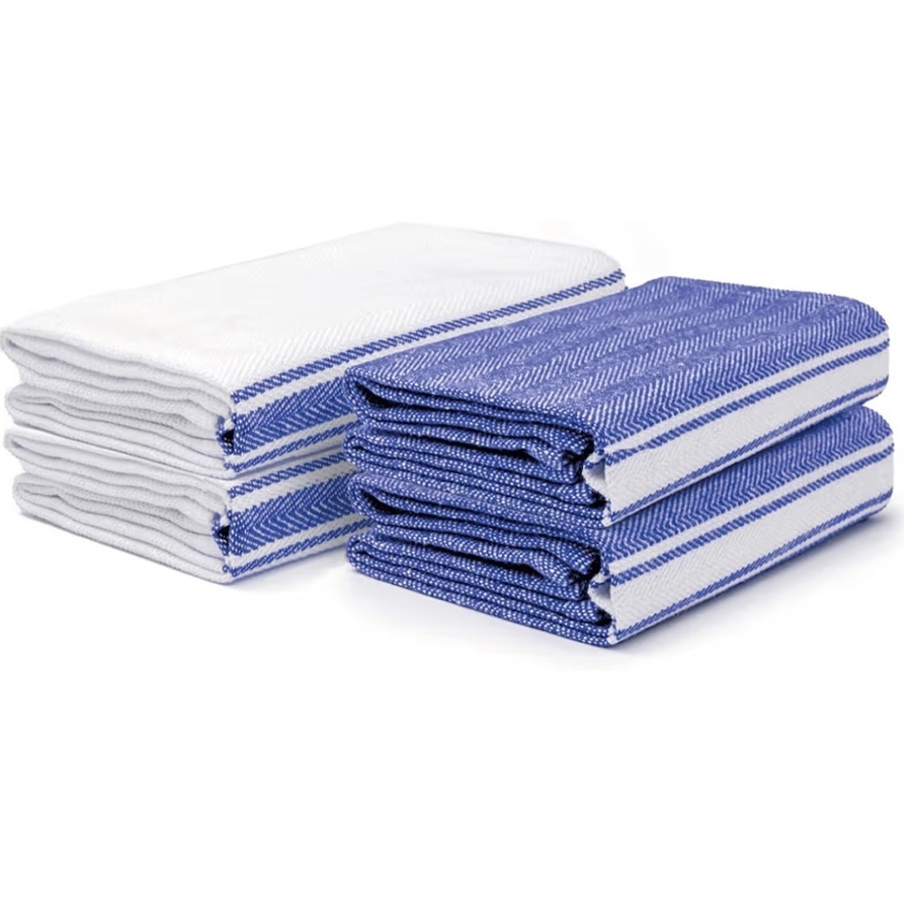 NEW Set 4 Kitchen Towels Salt Earth Cotton Blue White Herringbone